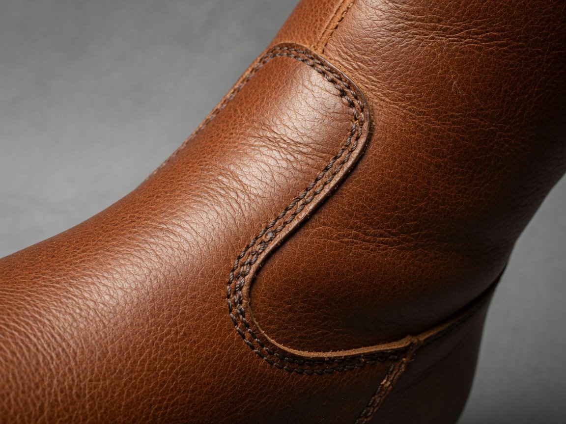 Close-up of Italian full-grain leather boot upper showing hand-stitching detail and natural grain texture