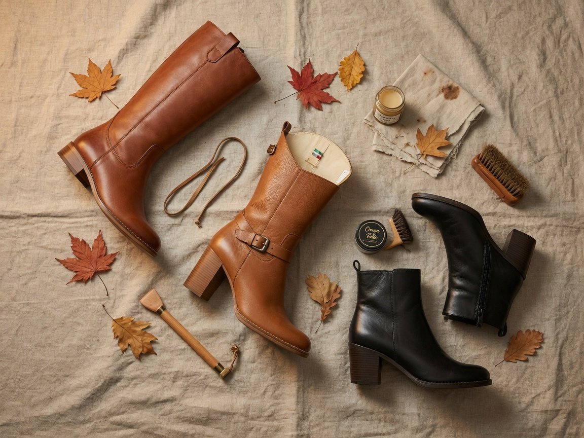 Flat-lay comparison of Italian leather women's boot styles — knee-high, ankle, and mid-calf silhouettes side by side